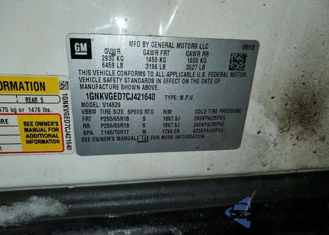 2012 Chevrolet Traverse Lt z USA, uszkodzony, nr VIN 1GNKVGED7CJ421640